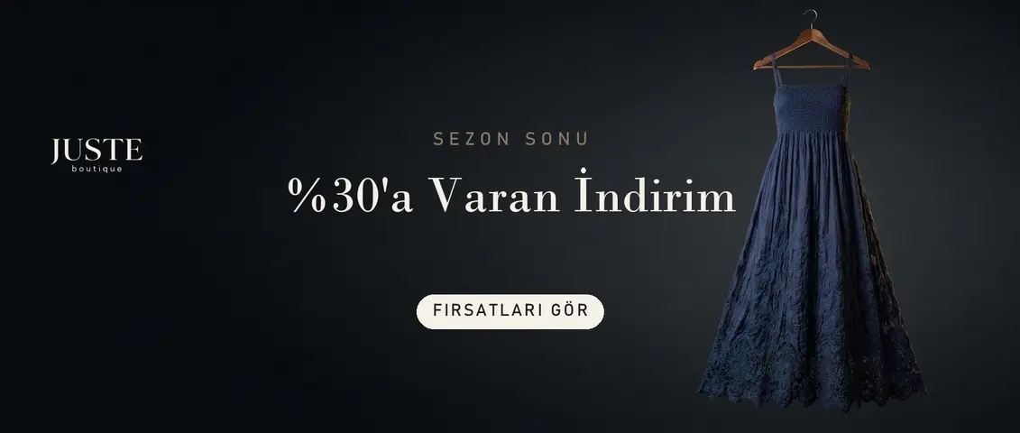 Koyu zeminde 'Sezon sonu, %30'a varan indirim' başlığı ve askıdaki lacivert elbise; indirim şeridi, panel üretimi