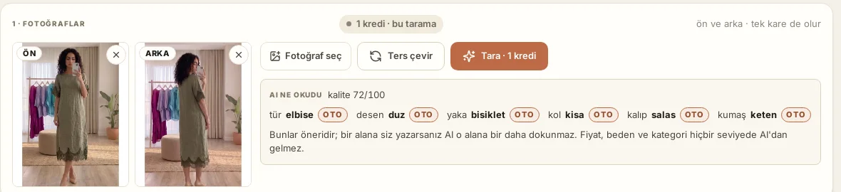 Gerçek ekran: ön ve arka fotoğraf, tarama düğmesi ve yapay zekânın okuduğu alanlar: elbise, düz, bisiklet yaka, kısa kol, salaş, keten; kalite 72/100