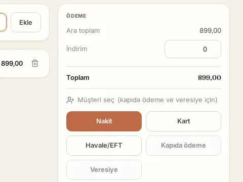 creabutik panelinde Kasa: ara toplam, indirim, toplam ve nakit, kart, havale, kapıda ödeme seçenekleri