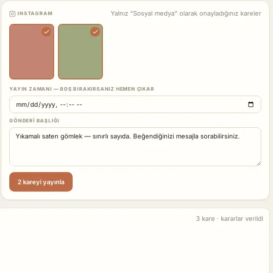 creabutik panelinde Otomatik akış: onaylı iki görsel, yayın zamanı ve gönderi başlığı